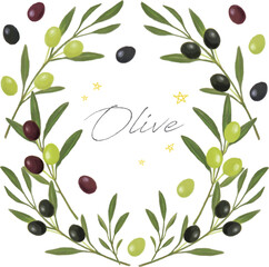 オリーブのリース手描き水彩セット　ベクター