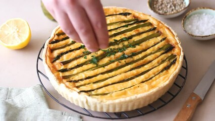Asparagus quiche. Vegetarian food. French cuisine. Pie. - Powered by Adobe