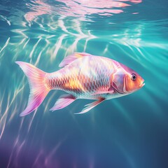 Fototapeta premium Neon colored fish on a pastel beach in the sea. Summer time with neon pink blue turquoise color with sun rays and sunshine. Generated AI.