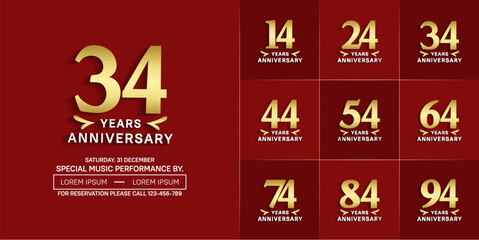set of anniversary logo with golden number on red background can be use for celebration