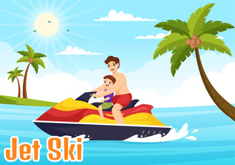 Obraz na płótnie Canvas Kids Ride Jet Ski Vector Illustration Summer Vacation Recreation, Extreme Water Sports and Resort Beach Activity in Hand Drawn Flat Cartoon Template