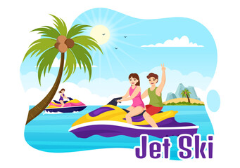 People Ride Jet Ski Vector Illustration Summer Vacation Recreation, Extreme Water Sports and Resort Beach Activity in Hand Drawn Flat Cartoon Template