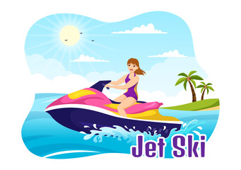 Obraz na płótnie Canvas People Ride Jet Ski Vector Illustration Summer Vacation Recreation, Extreme Water Sports and Resort Beach Activity in Hand Drawn Flat Cartoon Template