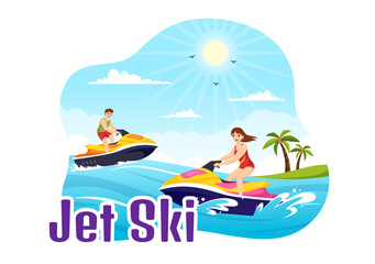 People Ride Jet Ski Vector Illustration Summer Vacation Recreation, Extreme Water Sports and Resort Beach Activity in Hand Drawn Flat Cartoon Template