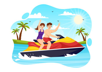 Fototapeta premium People Ride Jet Ski Vector Illustration Summer Vacation Recreation, Extreme Water Sports and Resort Beach Activity in Hand Drawn Flat Cartoon Template