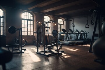 Obraz premium Equipment And Machines At The Modern Gym Room Fitness Center. interior with equipment. bodybuilding concept background. Crossfit .functional training. Practicing powerlifting. Generative AI