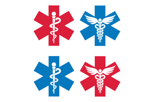 Medical symbol set red and blue Star of Life with Rod of Asclepius logo icon isolated. First aid. Emergency symbol Vector illustration