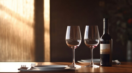Two wine glasses and a wine bottle, restaurant background
