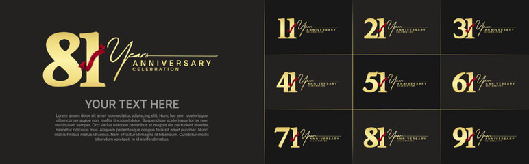 set of anniversary logo with golden number and red ribbon can be use for celebration