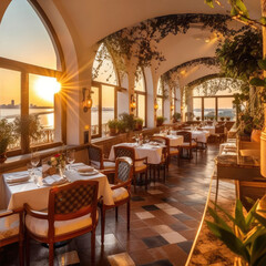 Fototapeta na wymiar Interior of Mediterranean restaurant with laid tables, in the rays of the setting sun Generative AI