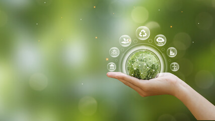 Hand of human holding green earth with the icon of Environment on green blur backgroud for ESG,...