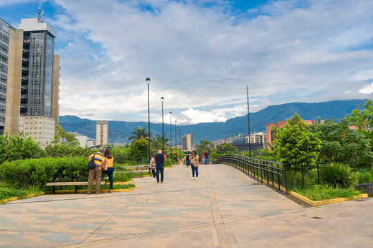 Medellin, Antioquia, Colombia. April 9, 2022. Parques del R&iacute;o is a linear park located in the center of the city.