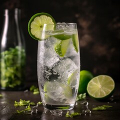 Refreshing Sparkling Water with Lime Wedges in Glass