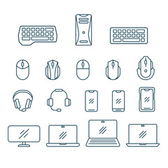 Vector ui icons for computer hardware, computer mouse headphones, keyboard, smartphones and monitor. Vector simple icons for gaming devices.