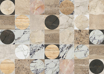 Fototapeta na wymiar Creative patchwork pattern mixed of several marbles and stones, with arches and decoration for wallpaper, floor, wall, home and digital use.
