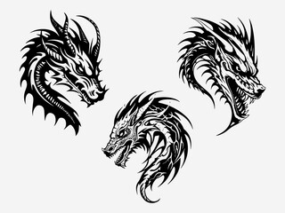 Dragon head tribal tattoo black and white illustration logo set