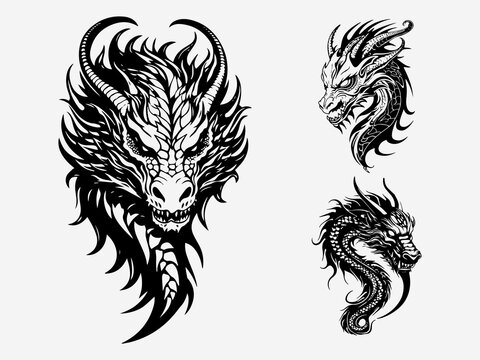 Dragon head tribal tattoo black and white illustration logo set