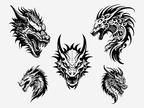 Unleash the inner dragon with this tribal tattoo logo set, showcasing captivating black and white illustrations of dragon heads that represent courage and transformation