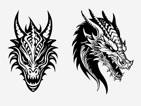 Explore the mythical world with dragon head tribal tattoo logo set, featuring intricate black and white illustrations exuding strength and allure