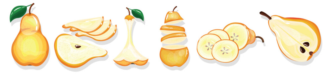 Set of ripe sweet pears on white background