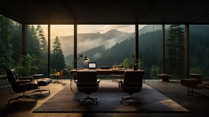 an office with large windows overlooking the mountains, generative AI