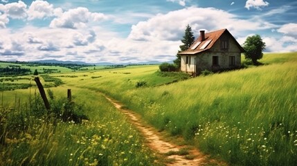 Obraz premium a house in the middle of a grassy field, generative AI