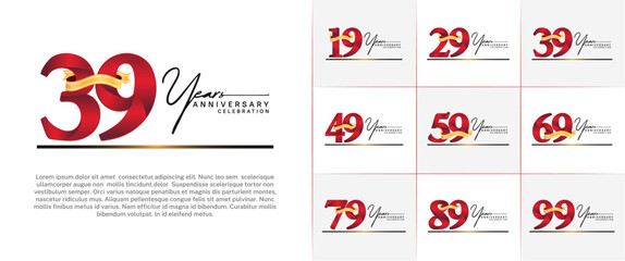 set of anniversary logo with red number and golden ribbon, handwriting text can be use for celebration