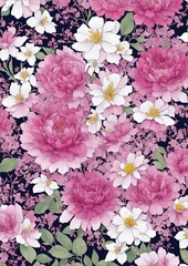 seamless pattern with watercolor peony flowers and leaves, floral composition. Ai
