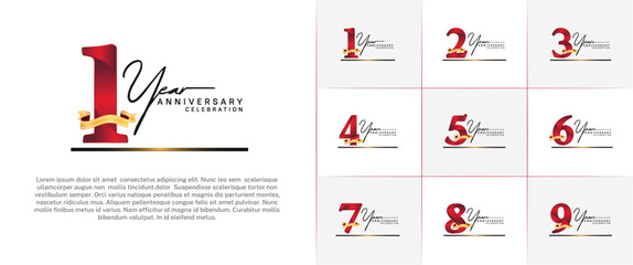 set of anniversary logo with red number and golden ribbon, handwriting text can be use for celebration