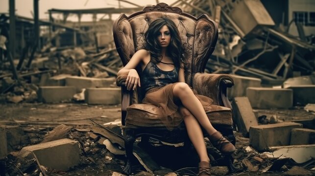 a woman sitting on a chair in a destroyed area, generative AI