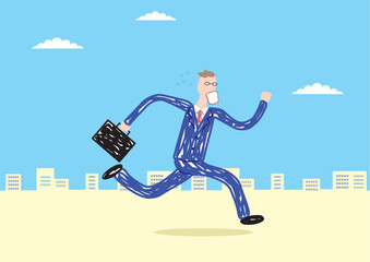 遅刻しそうになって食パンをくわえながら街中を走るビジネスマン