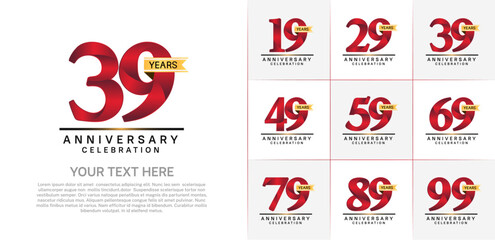 set of anniversary logo with red number and gold ribbon can be use for celebration