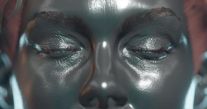 Design of AI and Machine learning, Female Robot opening eyes, deep learning, Internet, Data exchange, innovation, Science and artificial intelligence technology.