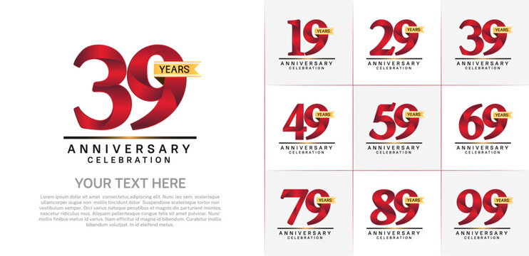 set of anniversary logo with red number and gold ribbon can be use for celebration
