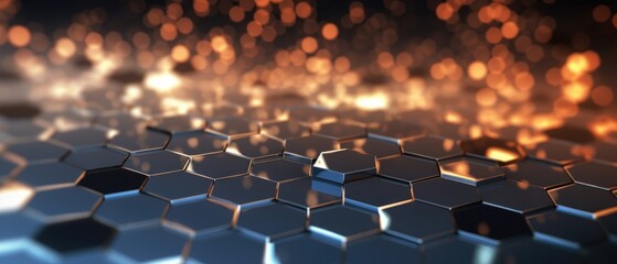 Fototapeta premium Silver hexagonal polygon with orange flare. Gray geometric triangular polygonal. Abstract mosaic background. Generative AI