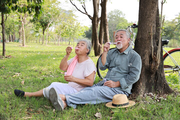 Portrait of happy asian senior man and woman blowing bubbles together in a park with joy in summer garden outdoor. Lover couple going to picnic at the park. Happiness marriage lifestyle concept.