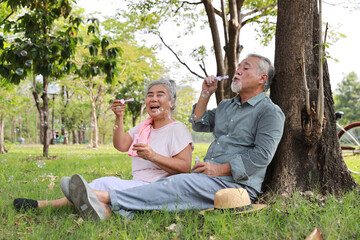 Portrait of happy asian senior man and woman blowing bubbles together in a park with joy in summer garden outdoor. Lover couple going to picnic at the park. Happiness marriage lifestyle concept.