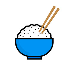 Flat design bowl and rice and chopstick icons. Vector.