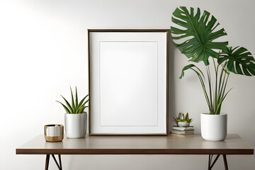 Fototapeta na wymiar Blank gold photo frame mockup in the white table and tropical plant with white interior isolated on interior with copy space