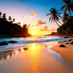 Fototapeta na wymiar serene beachscene with crystal clear water and white sand, tropical palm trees swaying in the breeze, perfect paradise, seaspape