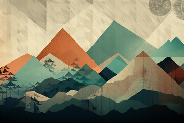 Retro poster background Aged colours mountains geometrical forms with generative AI technology