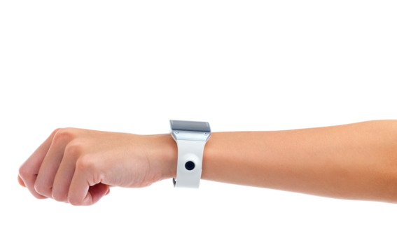 Watch, fist bump and hand with technology, time and web isolated on a transparent, png background, Digital gadget, device and futuristic product of tech and clock on arm and wrist with screen - Powered by Adobe
