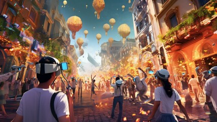 Naklejka premium VRゴーグルをつけて観光する人達