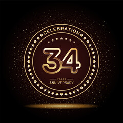 34 year anniversary logo design with double line numbers in gold color, vector template