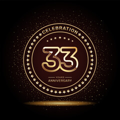 33 year anniversary logo design with double line numbers in gold color, vector template