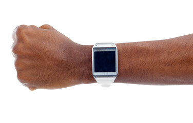 Arm, watch screen and tech with time, hand and design isolated on a transparent, png background....