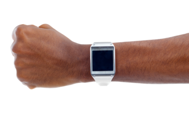Arm, watch screen and tech with time, hand and design isolated on a transparent, png background. Digital clock, futuristic and online app of a person with technology and wrist gadget and web device