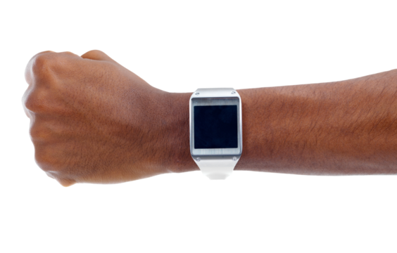 Arm, watch screen and tech with time, hand and design isolated on a transparent, png background. Digital clock, futuristic and online app of a person with technology and wrist gadget and web device