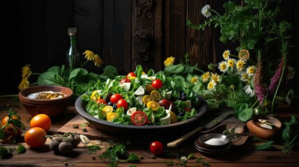a plate of salad with tomatoes lettuce and other vegetables on table