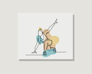 Continuous single one line art drawing of woman practice gymnastic yoga exercise in boho bohemian style design vector illustration